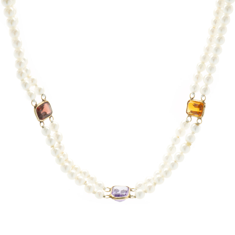 14 Karat Yellow Gold Double Strand Pearl Necklace with Multi Colored Gemstone Stations