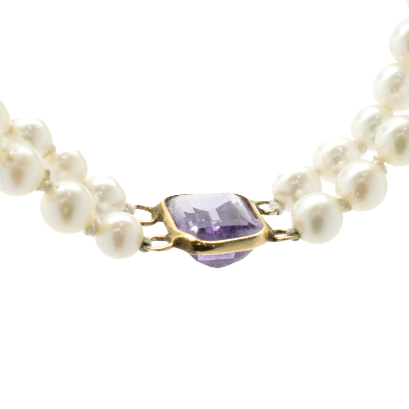 14 Karat Yellow Gold Double Strand Pearl Necklace with Multi Colored Gemstone Stations