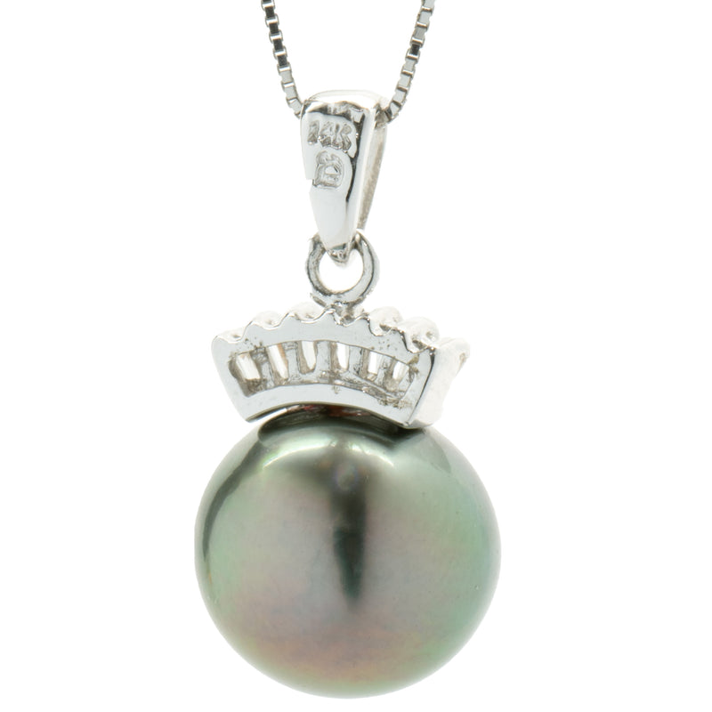 14 Karat White Gold Tahitian Pearl and Diamond Crown Necklace