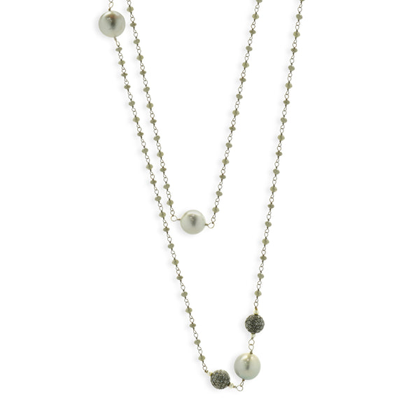 18 Karat White Gold Briolette Cut Diamonds, Black Diamonds, and Tahitian Pearl Station Necklace
