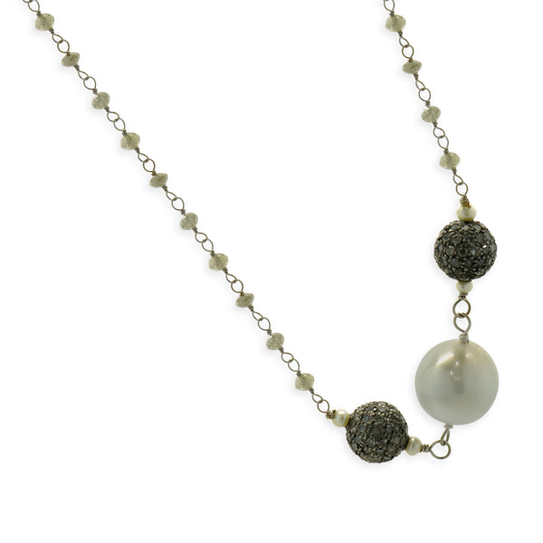 18 Karat White Gold Briolette Cut Diamonds, Black Diamonds, and Tahitian Pearl Station Necklace