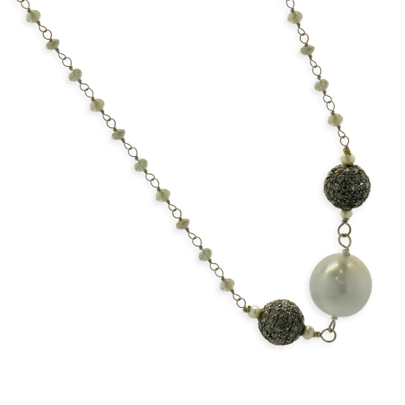 18 Karat White Gold Briolette Cut Diamonds, Black Diamonds, and Tahitian Pearl Station Necklace