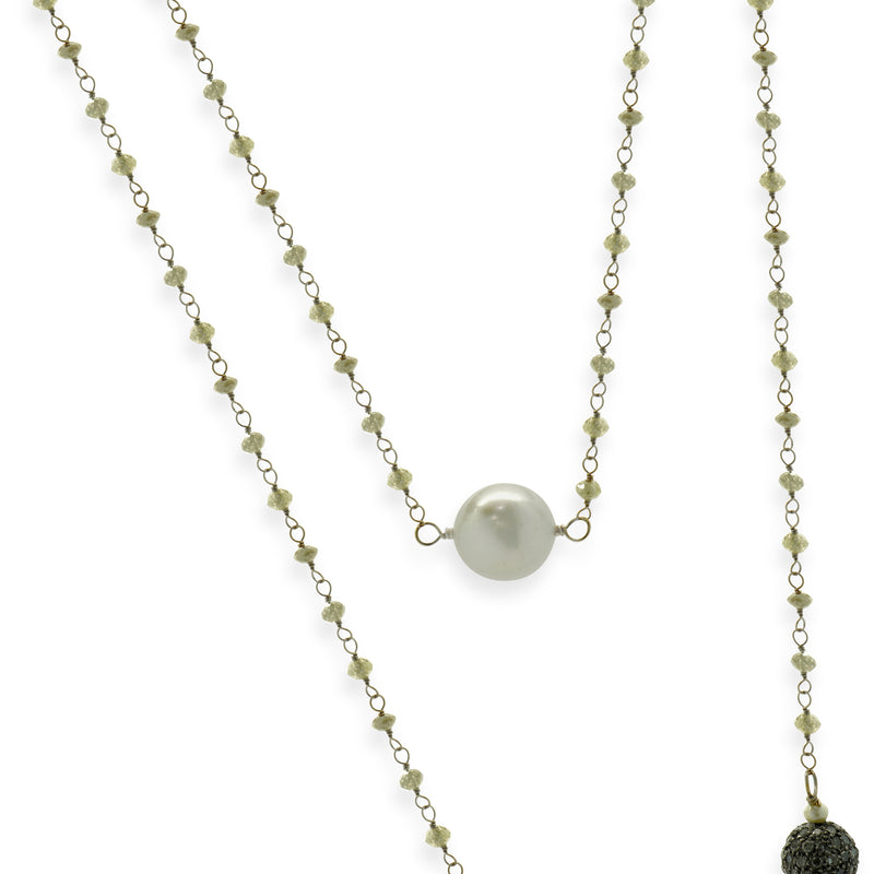 18 Karat White Gold Briolette Cut Diamonds, Black Diamonds, and Tahitian Pearl Station Necklace