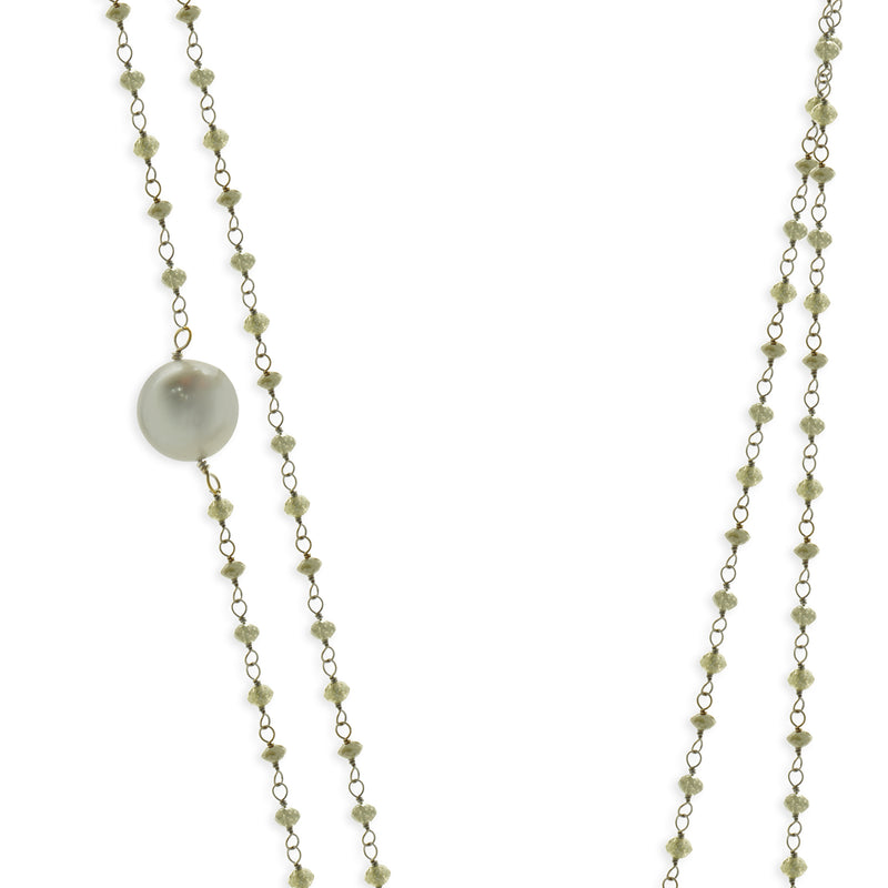 18 Karat White Gold Briolette Cut Diamonds, Black Diamonds, and Tahitian Pearl Station Necklace