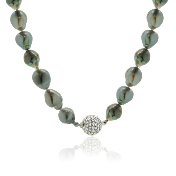 Tahitian Pearl Necklace with 14 Karat White Gold Pave Diamond Clasp