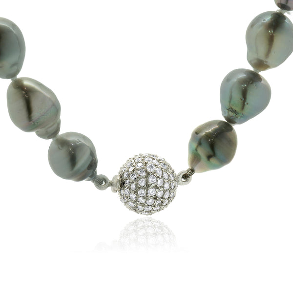 Tahitian Pearl Necklace with 14 Karat White Gold Pave Diamond Clasp
