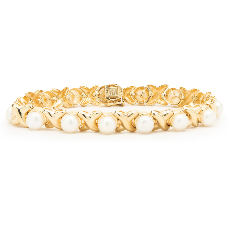 14 Karat Yellow Gold Freshwater Pearl X Bracelet
