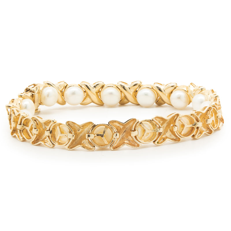 14 Karat Yellow Gold Freshwater Pearl X Bracelet