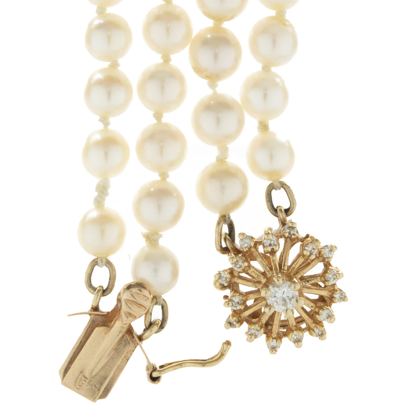 14 Karat Yellow Gold Vintage Double Row Pearl and Diamond Bracelet