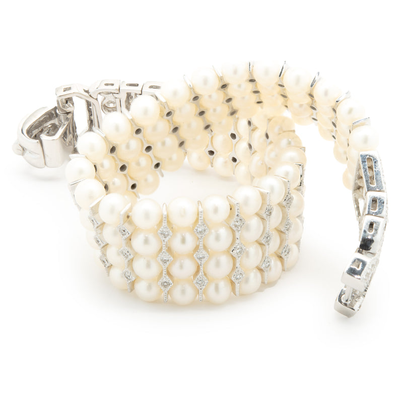 18 Karat White Gold Four Row Akoya Pearl and Diamond Bracelet