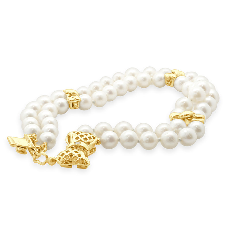 14 Karat Yellow Gold Double Strand Pearl and Diamond Bracelet