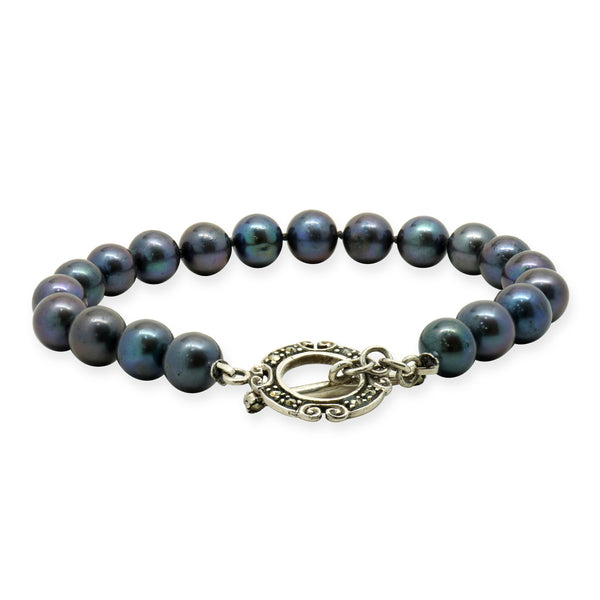 Black Pearl Bracelet with Sterling Silver Marcasite Toggle Clasp