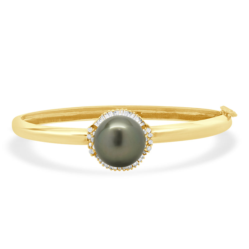 14 Karat Yellow Gold Black Pearl and Diamond Halo Bangle Bracelet