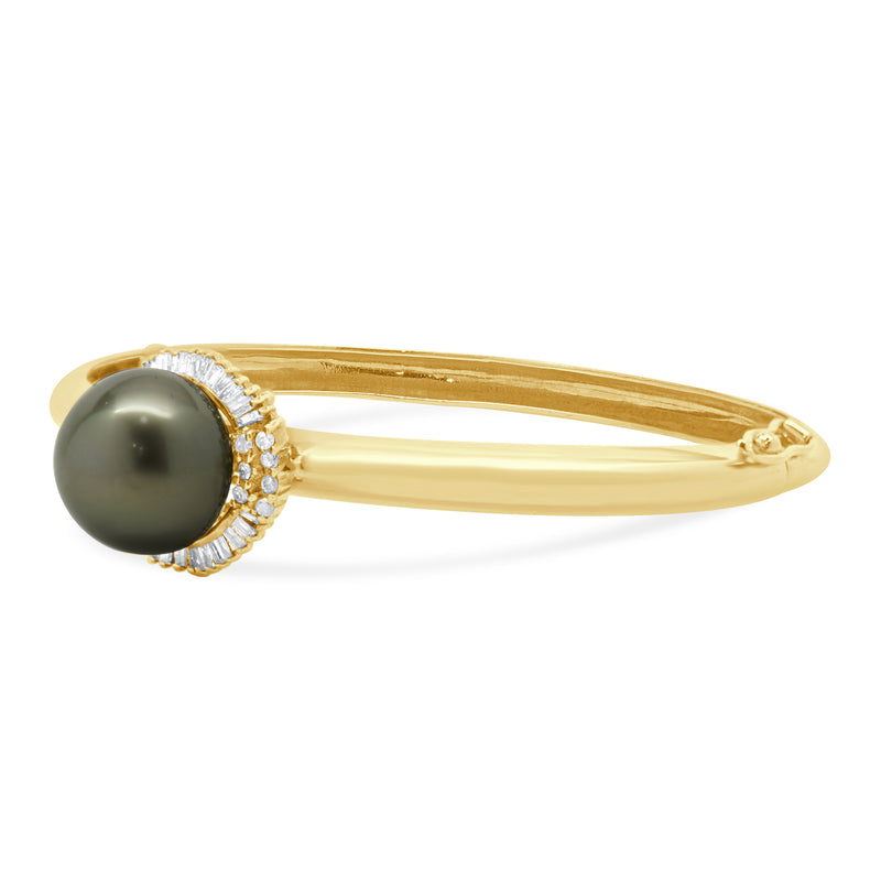 14 Karat Yellow Gold Black Pearl and Diamond Halo Bangle Bracelet