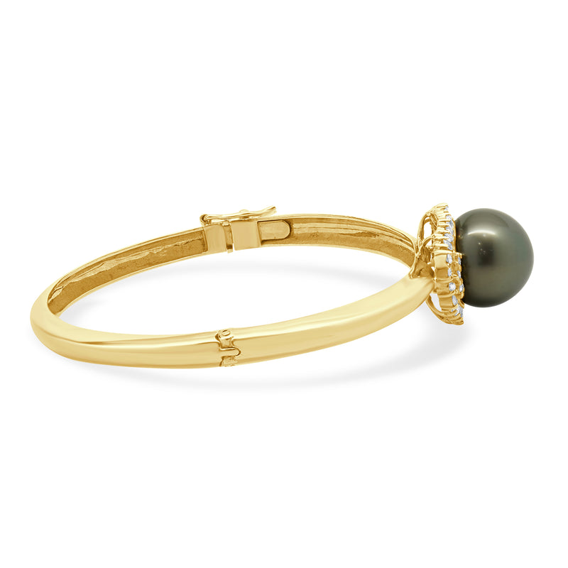 14 Karat Yellow Gold Black Pearl and Diamond Halo Bangle Bracelet