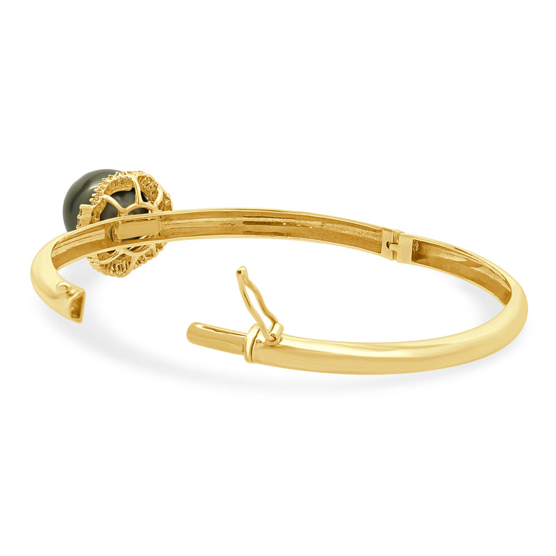 14 Karat Yellow Gold Black Pearl and Diamond Halo Bangle Bracelet