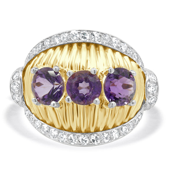18 Karat Two-tone Amethyst & Diamond Ribbed Ring