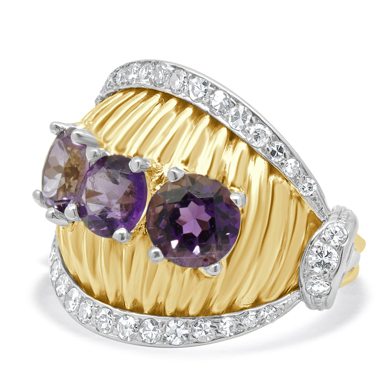 18 Karat Two-tone Amethyst & Diamond Ribbed Ring