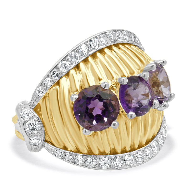 18 Karat Two-tone Amethyst & Diamond Ribbed Ring