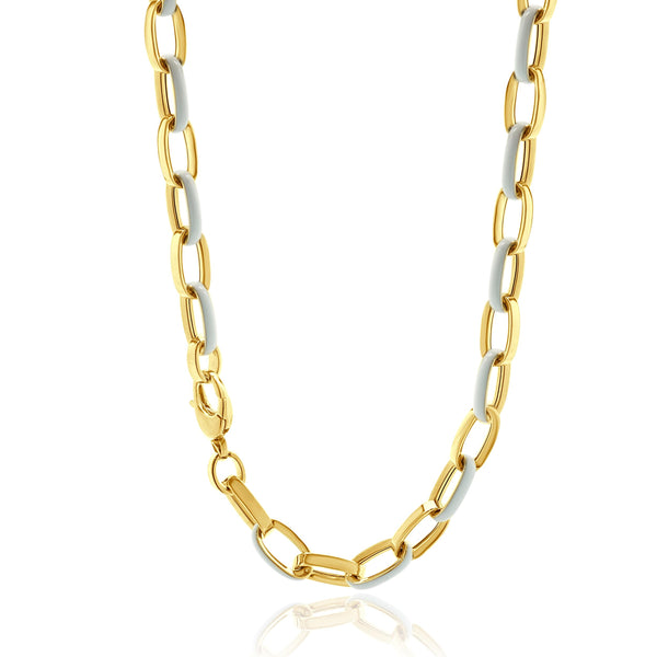 14 Karat Yellow Gold and White Enamel Oval Link Chain Necklace