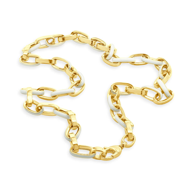 14 Karat Yellow Gold and White Enamel Oval Link Chain Necklace