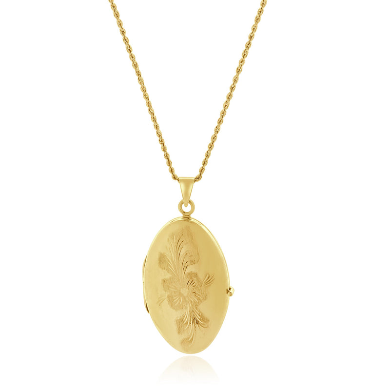 14 Karat Yellow Gold Oval Floral Engraved Locket Necklace