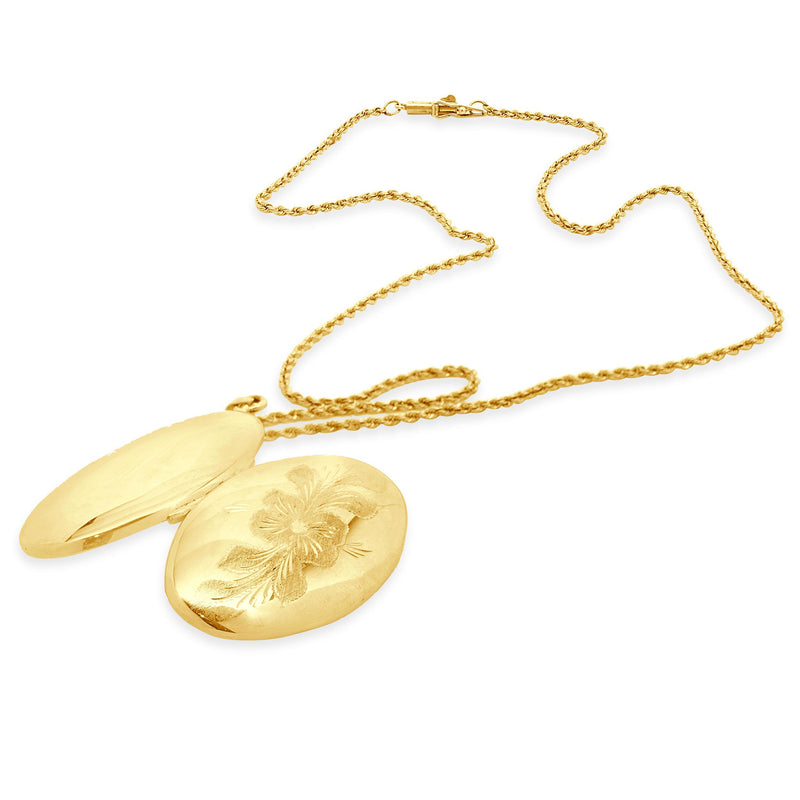 14 Karat Yellow Gold Oval Floral Engraved Locket Necklace