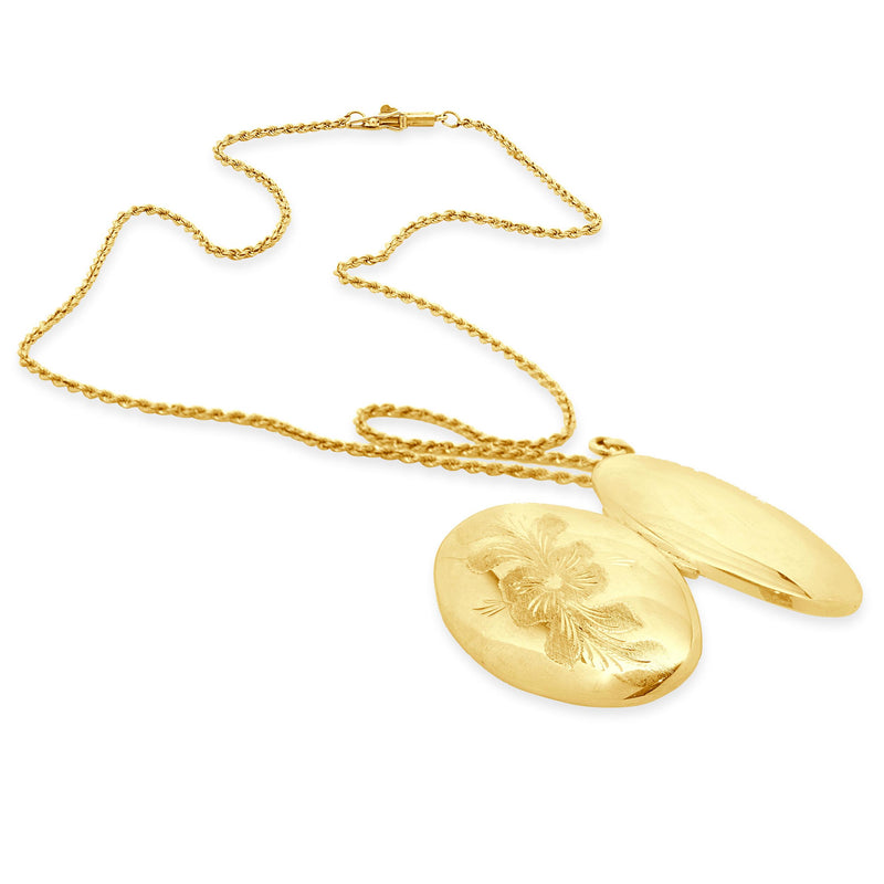 14 Karat Yellow Gold Oval Floral Engraved Locket Necklace
