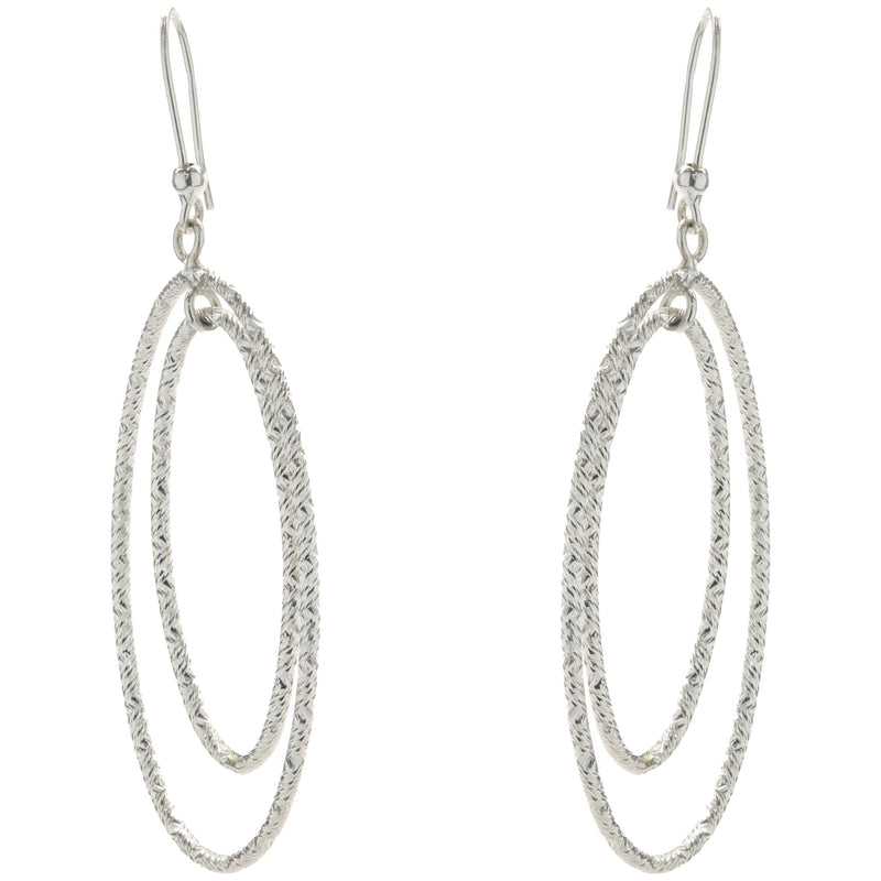 14 Karat White Gold Diamond Cut Double Oval Drop Earrings