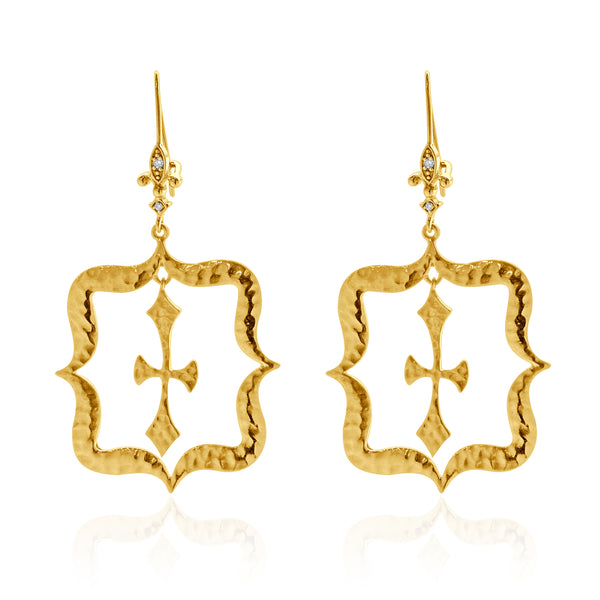14 Karat Yellow Gold Hammered Fluer de Lis Cross Drop Earrings
