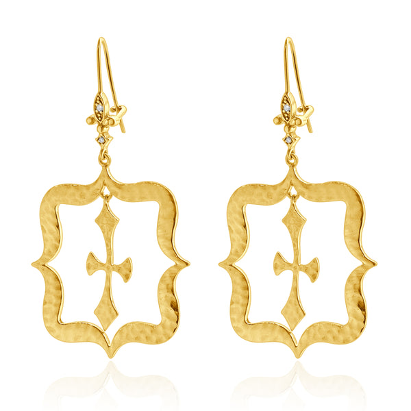 14 Karat Yellow Gold Hammered Fluer de Lis Cross Drop Earrings