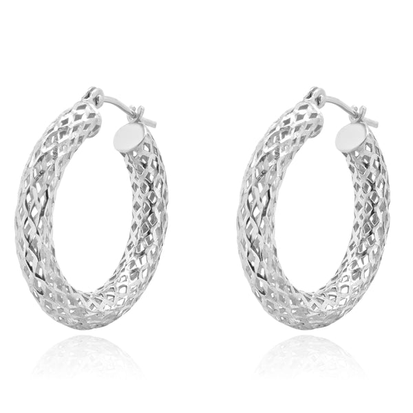 14 Karat White Gold Textured 23.5MM Hoop Earrings