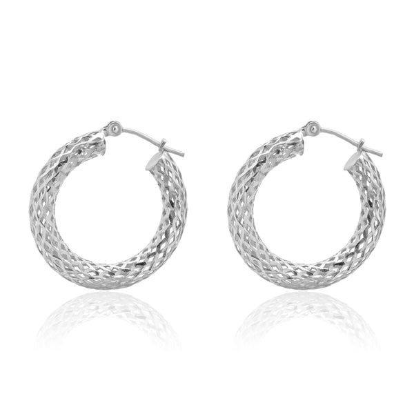 14 Karat White Gold Textured 23.5MM Hoop Earrings