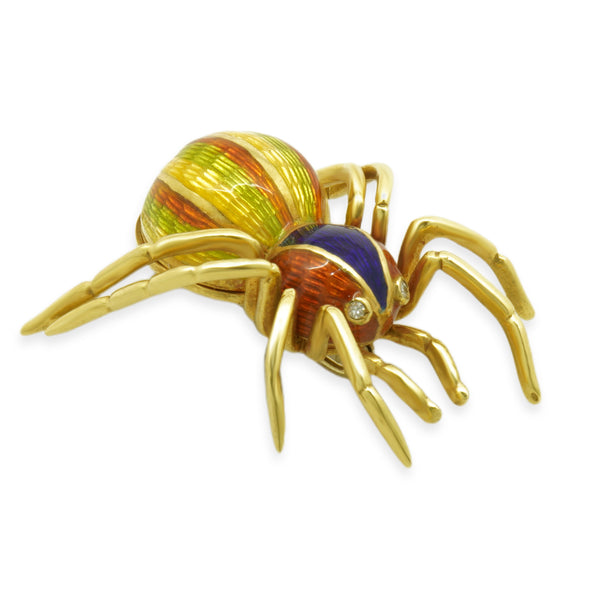 18 Karat Yellow Gold Multi-Color Enamel Spider Pin