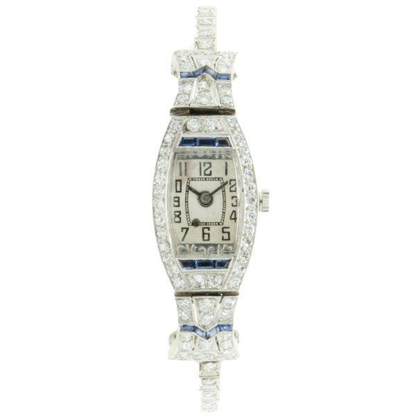 Platinum Vintage Art-Deco Pave Diamond and Sapphire Ladies Watch