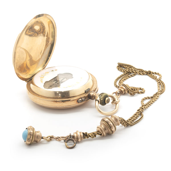 18 Karat Yellow Gold Jump Hour Hunting Case Pocket Watch with 10 Karat Yellow Gold