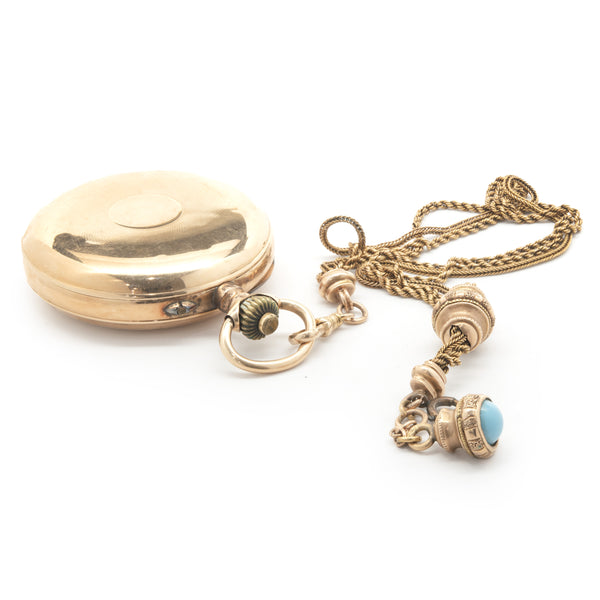 18 Karat Yellow Gold Jump Hour Hunting Case Pocket Watch with 10 Karat Yellow Gold