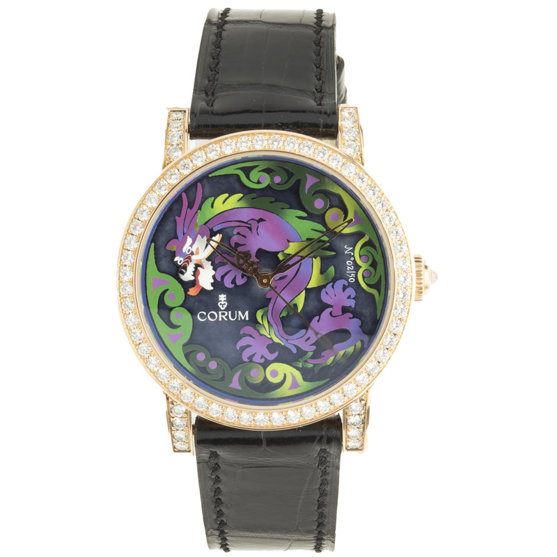 Corum 18 Karat Yellow Gold Artisan Purple Dragon Painted Dial