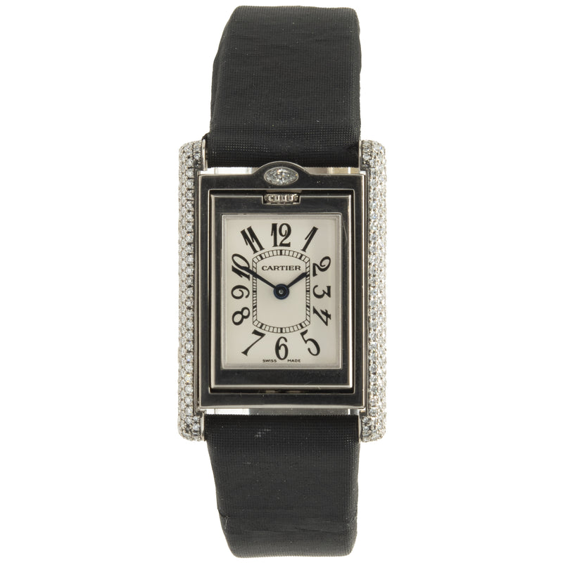 Cartier 18 Karat White Gold Tank Basculante Diamond and Black Onyx Flip Top