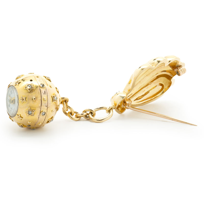 Carl Bucherer 18 Karat Yellow Gold Vintage Fan Pin with Ball Watch Drop