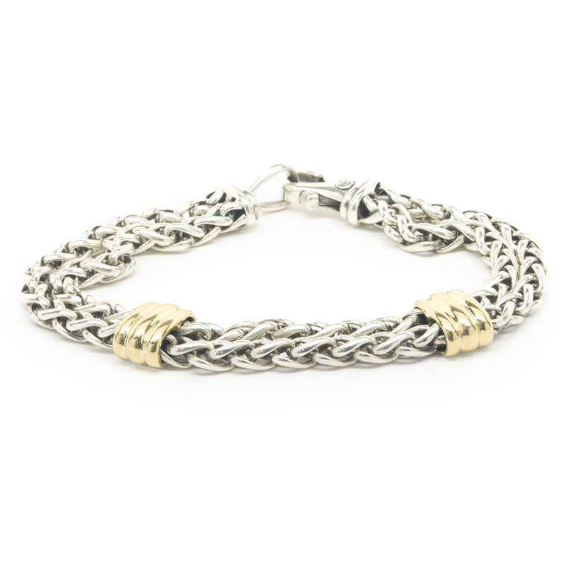 David Yurman Sterling Silver & 18 Karat Yellow Gold Double Row Bracelet with Ribbed Stations