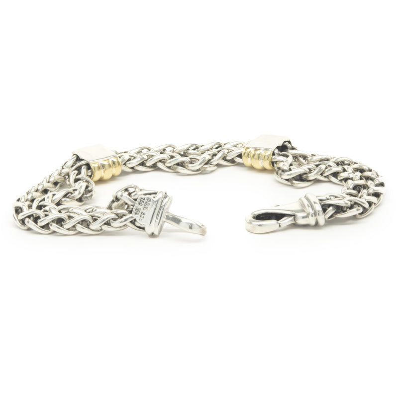 David Yurman Sterling Silver & 18 Karat Yellow Gold Double Row Bracelet with Ribbed Stations