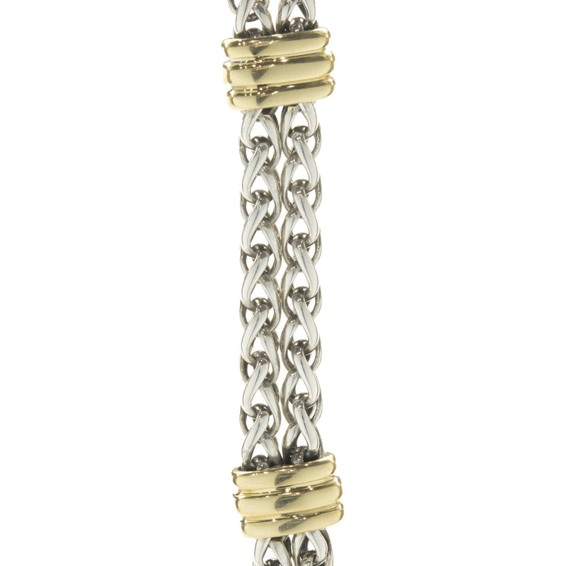 David Yurman Sterling Silver & 18 Karat Yellow Gold Double Row Bracelet with Ribbed Stations