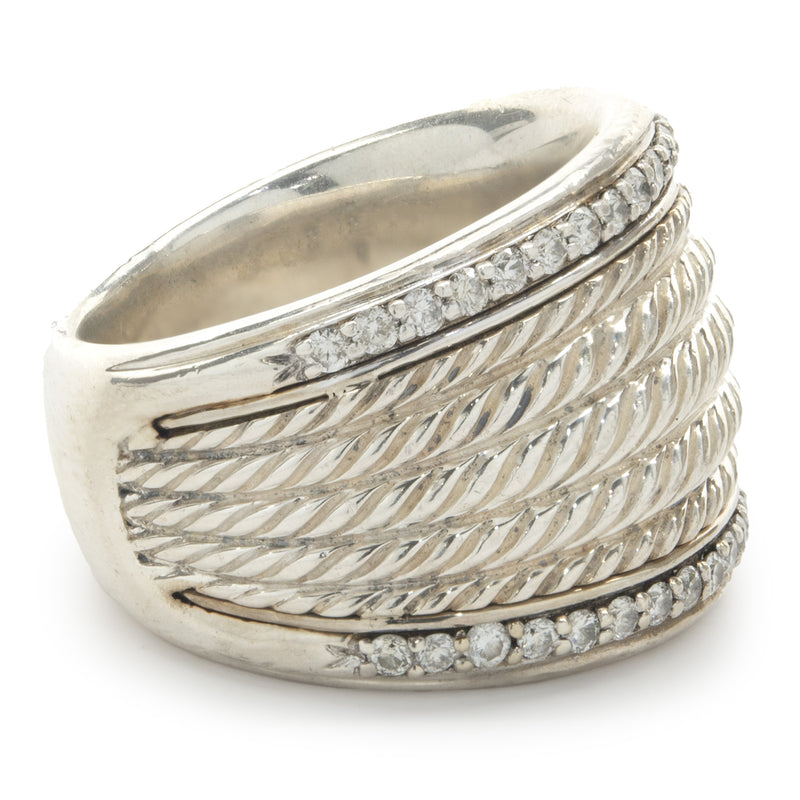 David Yurman Sterling Silver Wide Diamond Cable Ring