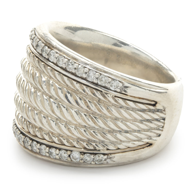 David Yurman Sterling Silver Wide Diamond Cable Ring