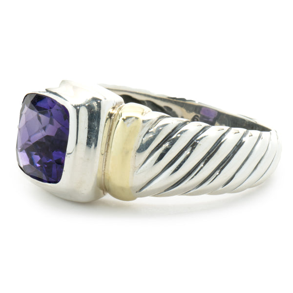 David Yurman Sterling Silver & 14 Karat Yellow Amethyst Classic Cable Collection Ring