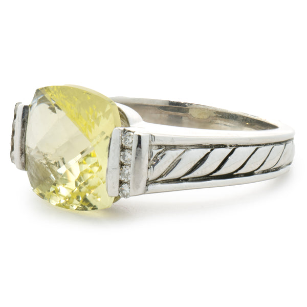David Yurman Sterling Silver & 14 Karat Yellow Lemon Quartz Classic Cable Collection Ring
