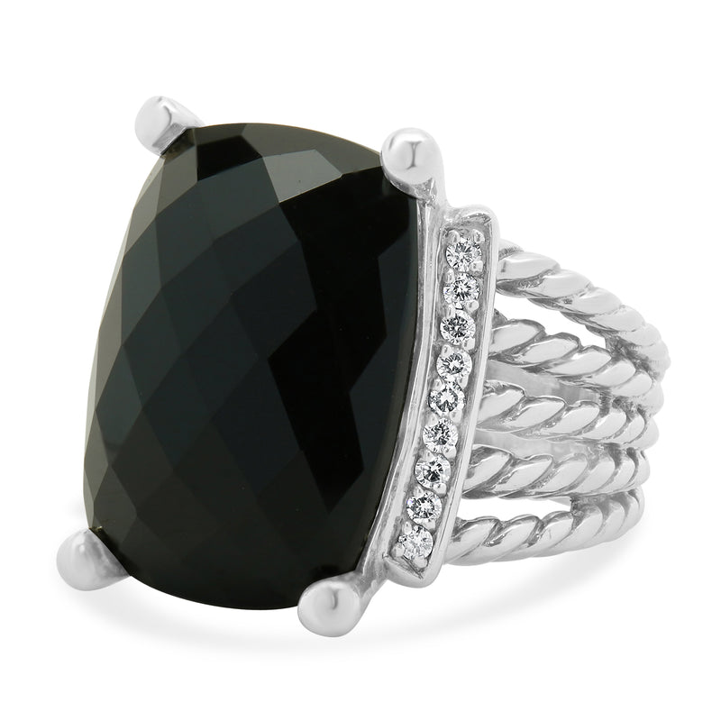 David Yurman Sterling Silver Black Onyx and Diamond Wheaton Ring