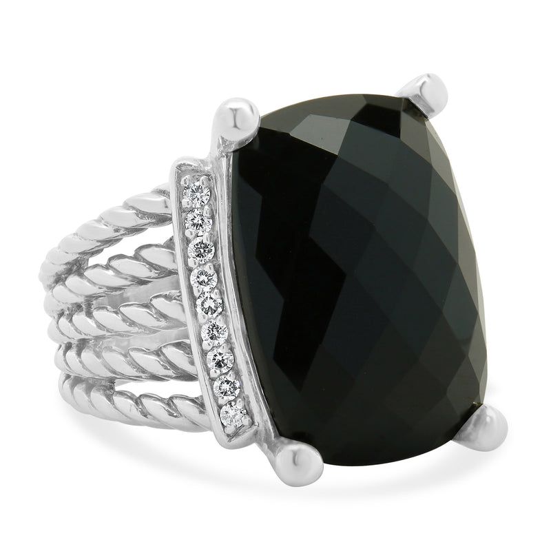 David Yurman Sterling Silver Black Onyx and Diamond Wheaton Ring