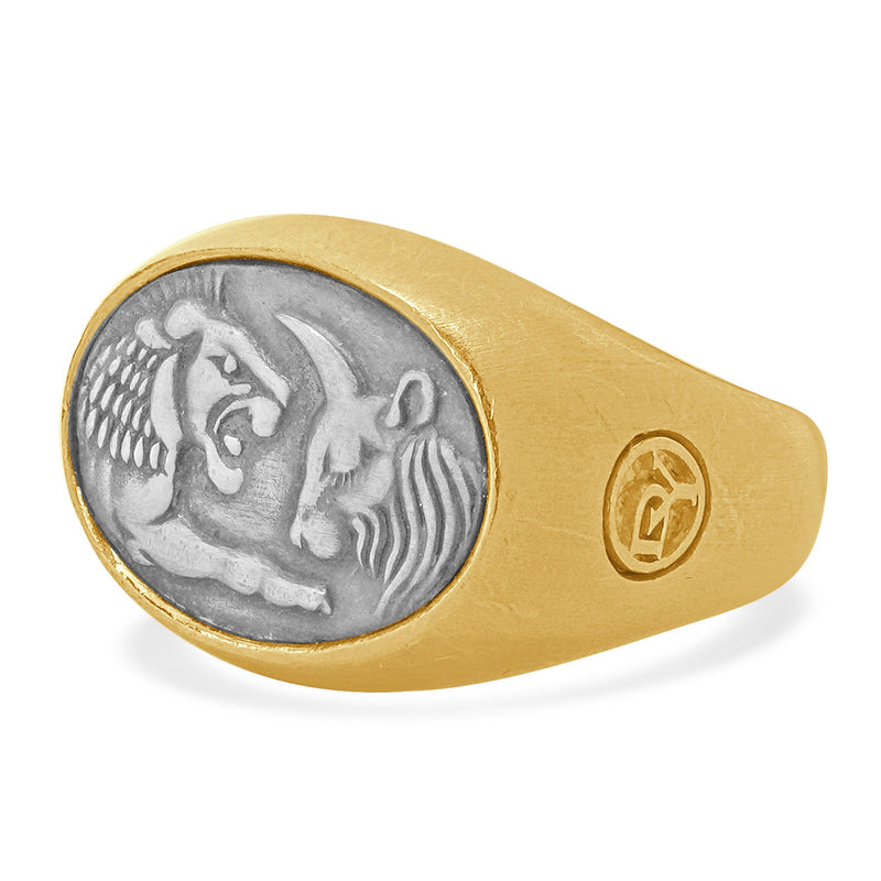 David Yurman 22 Karat Yellow Gold and Sterling Silver Petrvs Lion and Ox Ring